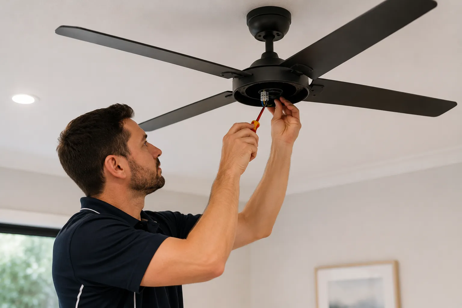 Ceiling fan installation Brisbane — licensed electrician installing a modern black 4-blade DC ceiling fan in a residential room with white ceiling and recessed downlights