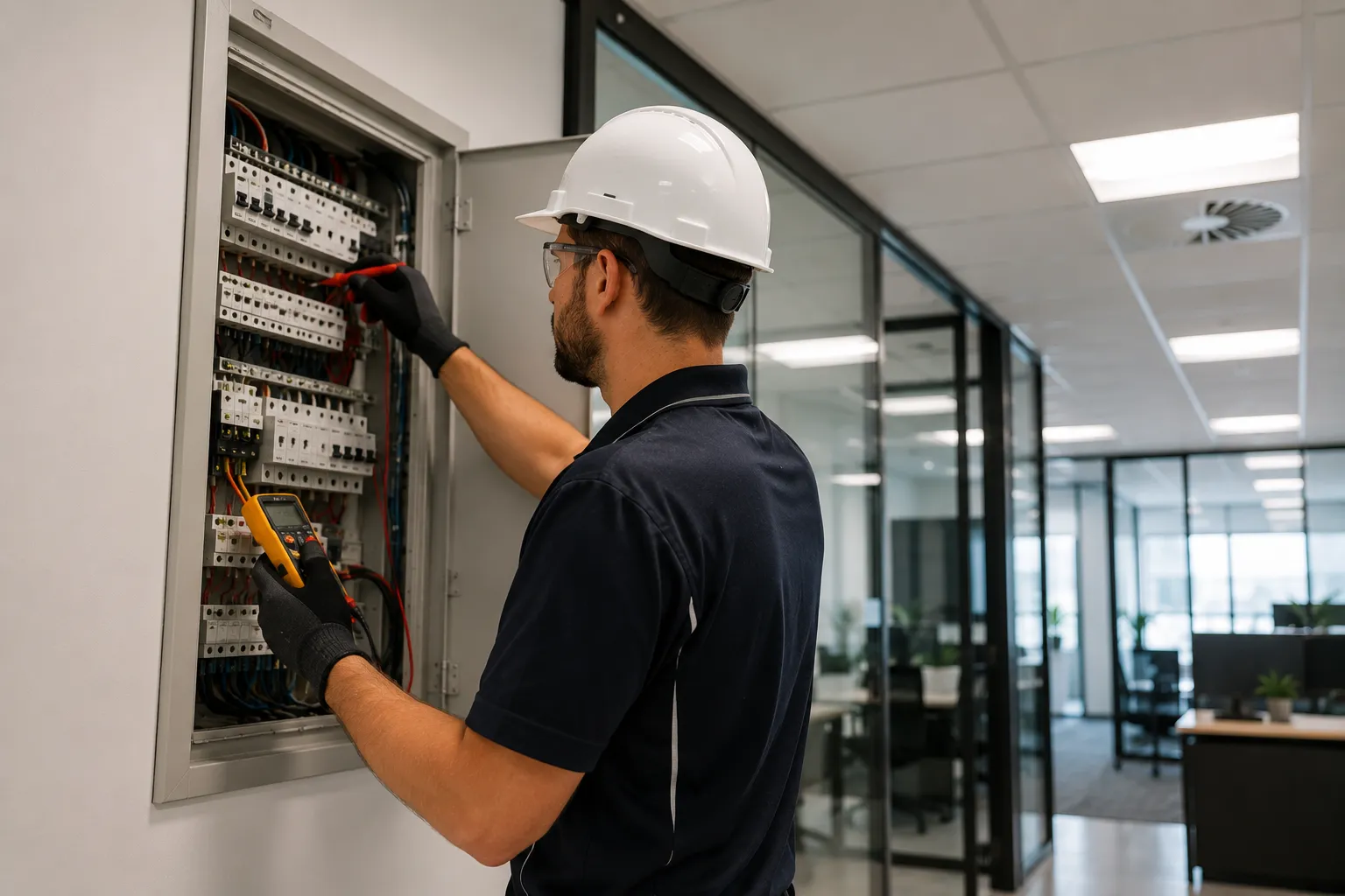 Commercial electrical maintenance Brisbane — licensed electrician in PPE performing multimeter testing on a commercial switchboard in a modern office environment