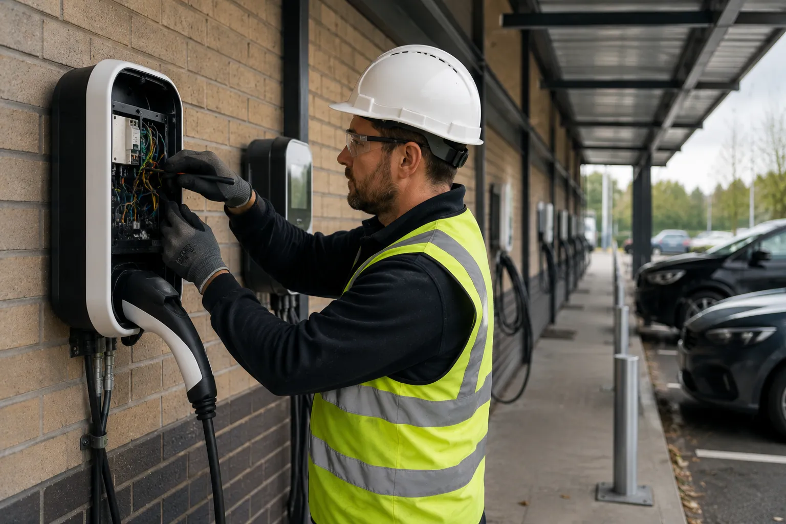 Commercial EV charger installation Brisbane — licensed electrician in PPE working on a wall-mounted commercial EV charger with multiple chargers visible along the wall in a covered commercial car park