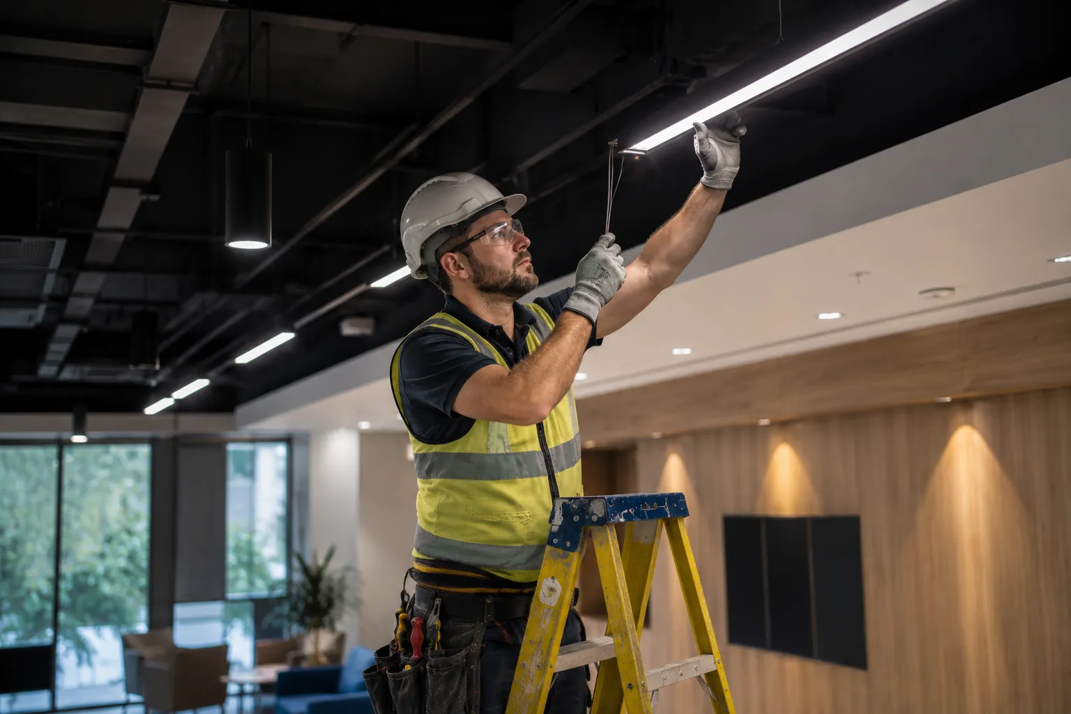 Commercial lighting Brisbane — licensed electrician installing modern linear LED pendant lighting in an office and hospitality fit-out