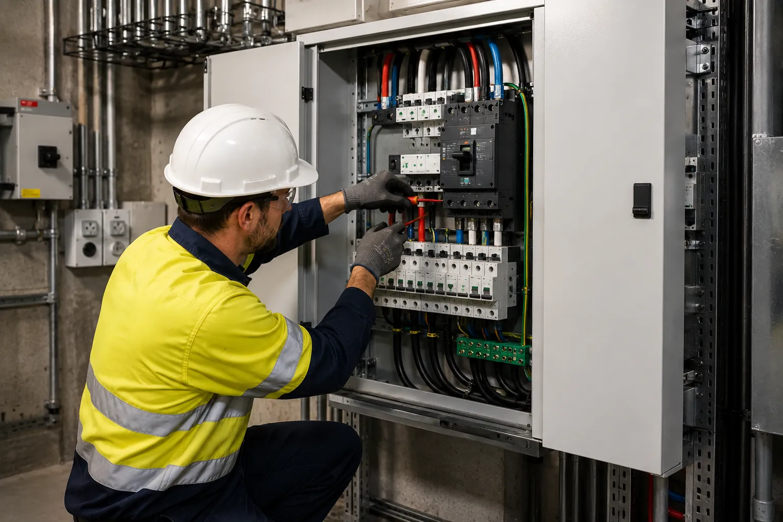 Commercial switchboard upgrade Brisbane — licensed commercial electrician working on a three-phase MCCB main switchboard with red, white and blue phase terminations in a Brisbane business plant room