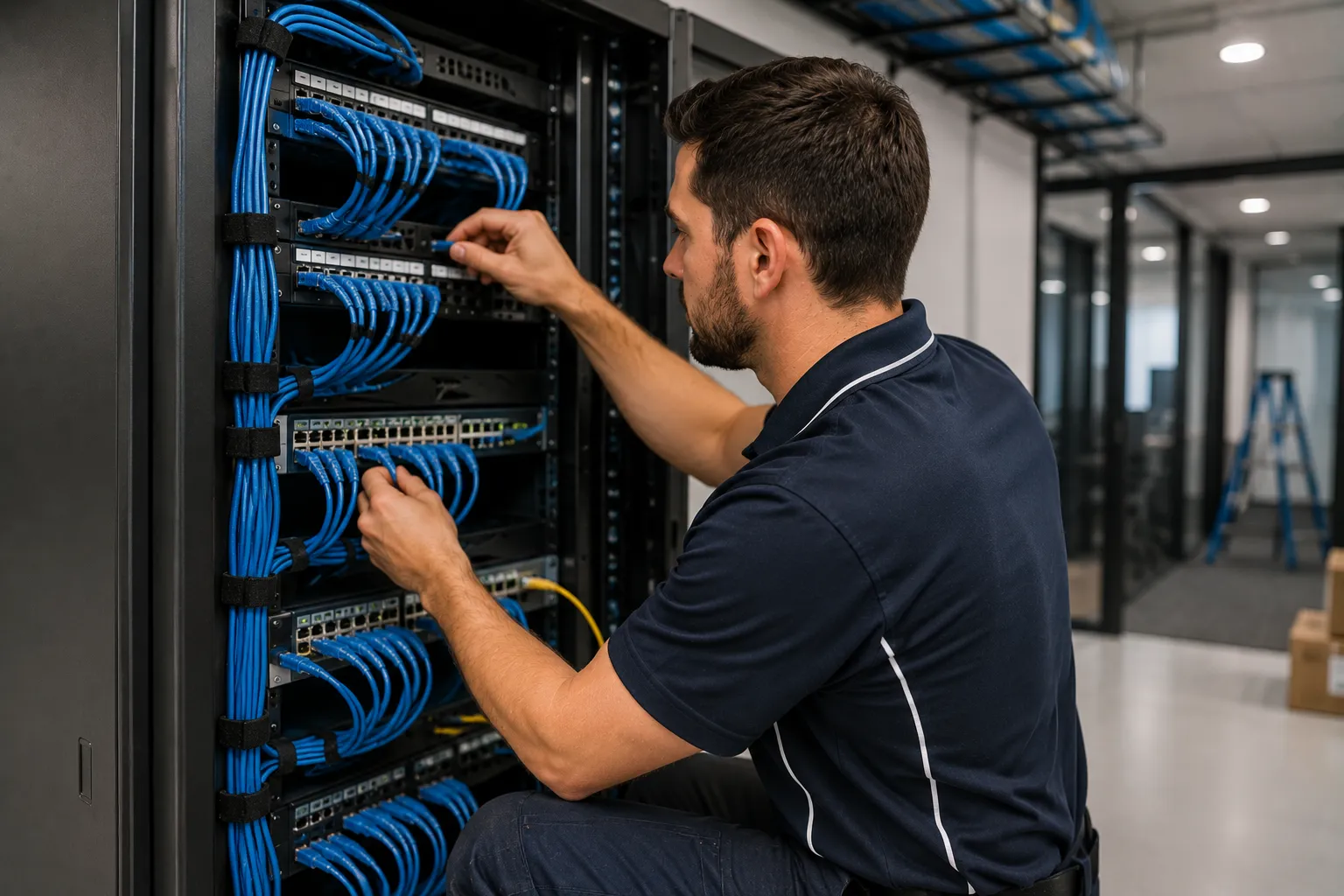 Commercial data cabling Brisbane — technician working on a server rack with Cat6 patch panels, switches and neatly managed blue patch cables in a modern office comms room