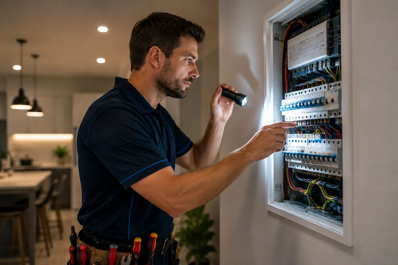 Electrical fault finding Brisbane — Aurora Electrical Solutions electrician using multimeter to diagnose a circuit fault