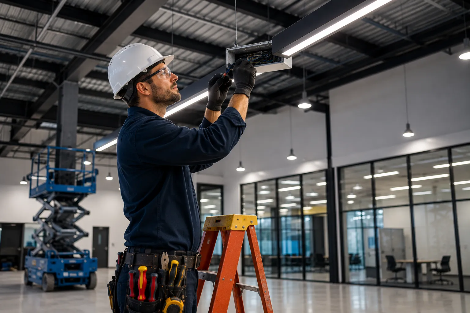 Electrical services Brisbane — Aurora Electrical Solutions team on a commercial fit-out, installing wiring and lighting