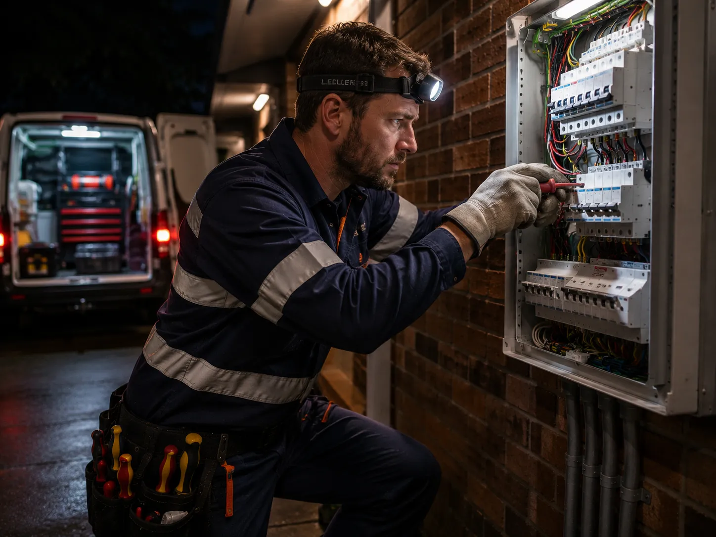 Emergency electrician Brisbane — licensed electrician with headlamp working on a residential switchboard after hours, van on site