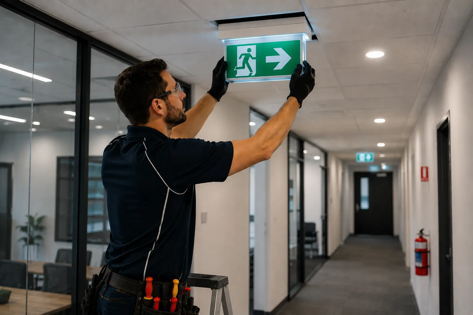 Emergency exit lighting Brisbane — licensed electrician installing a modern LED running-man pictogram exit sign with directional arrow in a commercial office corridor