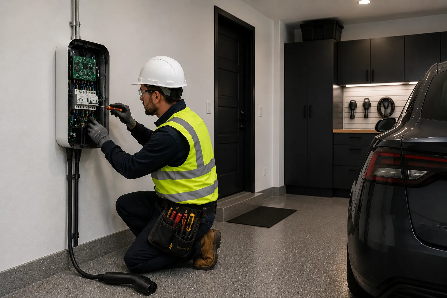 EV charger installation Brisbane — licensed electrician installing a home wall-mounted EV charger with Type 2 connector in a residential garage next to an electric vehicle