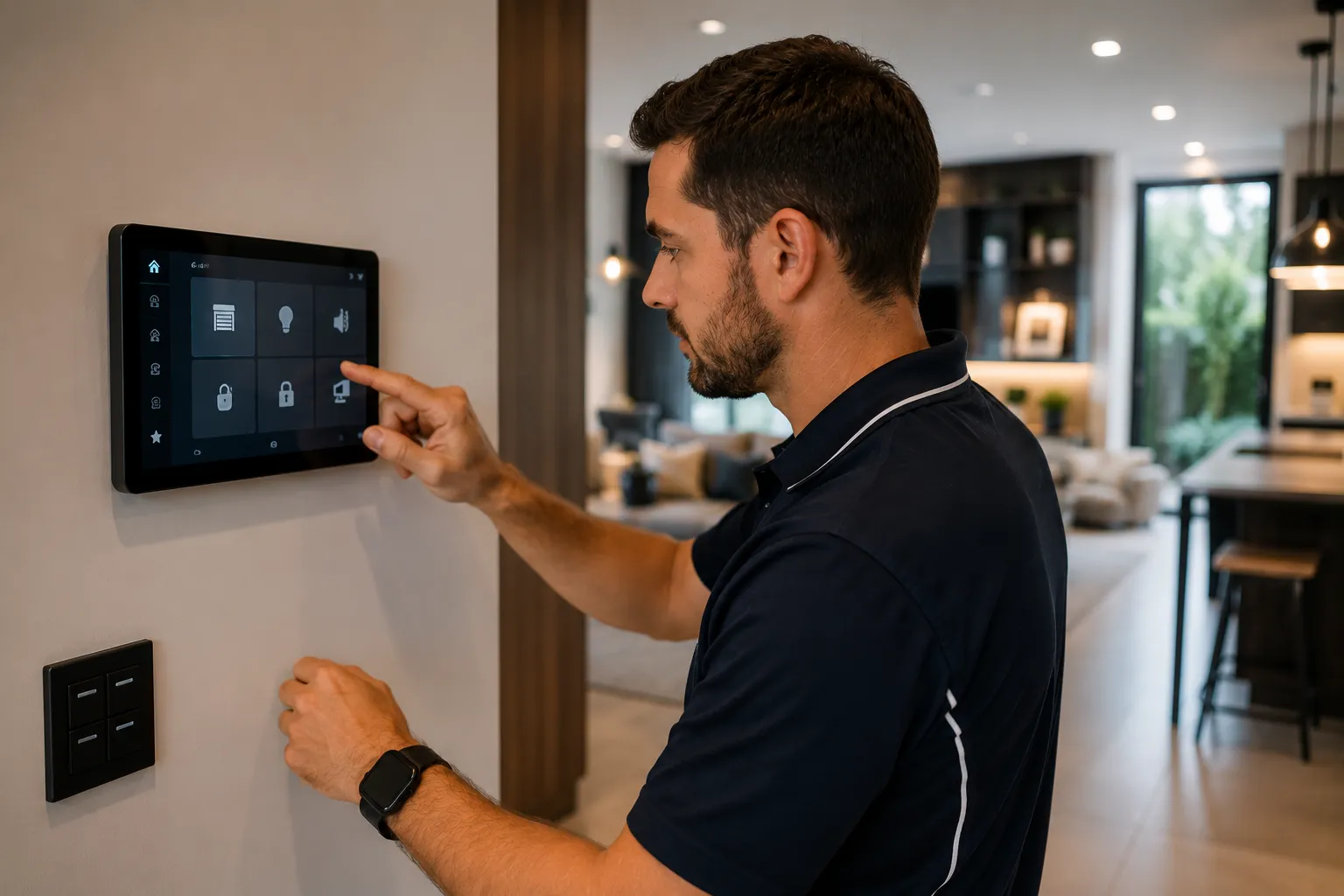 Home automation Brisbane — licensed electrician using a wall-mounted smart home control panel with lighting, climate and security icons, in a modern Brisbane home interior with smart switches visible