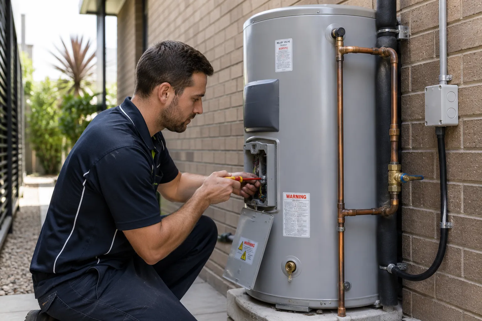 Hot water system installation Brisbane — licensed electrician working on the electrical access panel of a residential hot water system, copper plumbing and dedicated electrical circuit visible