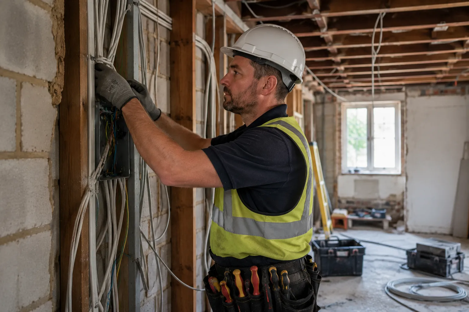 House rewiring Brisbane — licensed electrician installing modern TPS cable during a full residential rewire of an older home