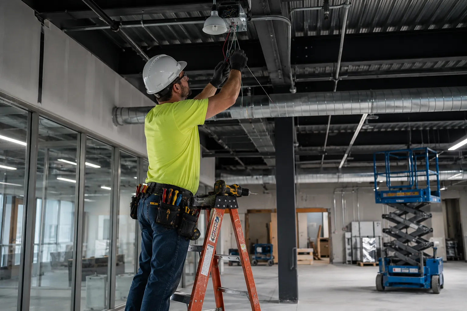 Licensed electrician Brisbane — Aurora Electrical Solutions tradesperson wiring commercial lighting on a fit-out site