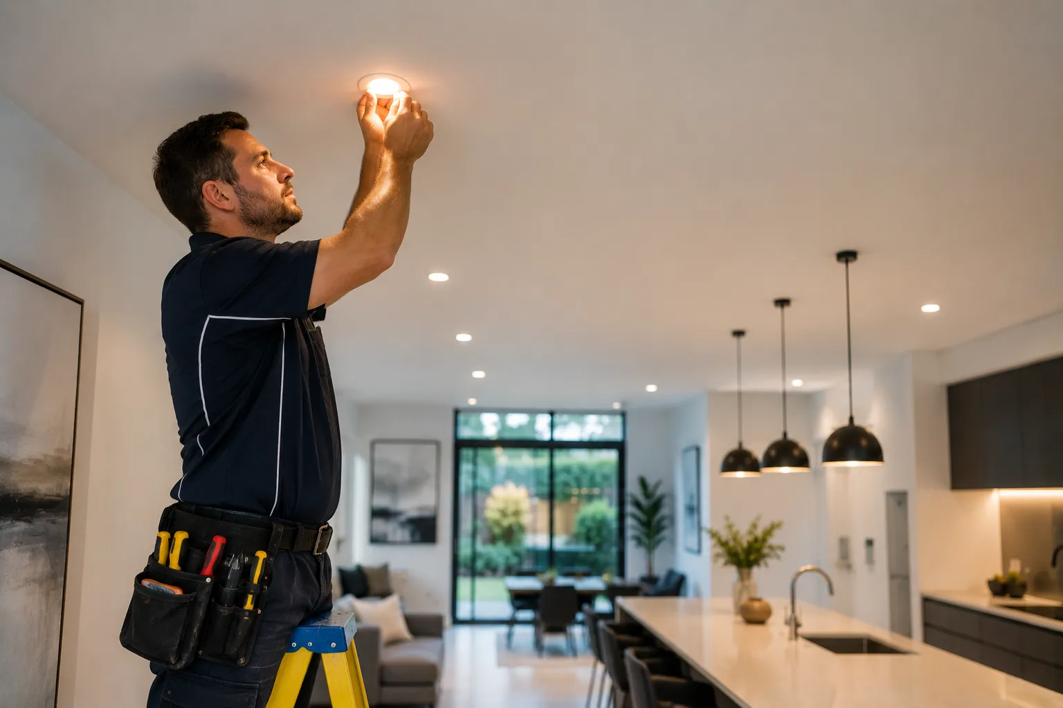 Lighting installation Brisbane — licensed electrician on a ladder installing an LED downlight in a modern open-plan kitchen with pendant lights over an island and recessed downlights across the ceiling