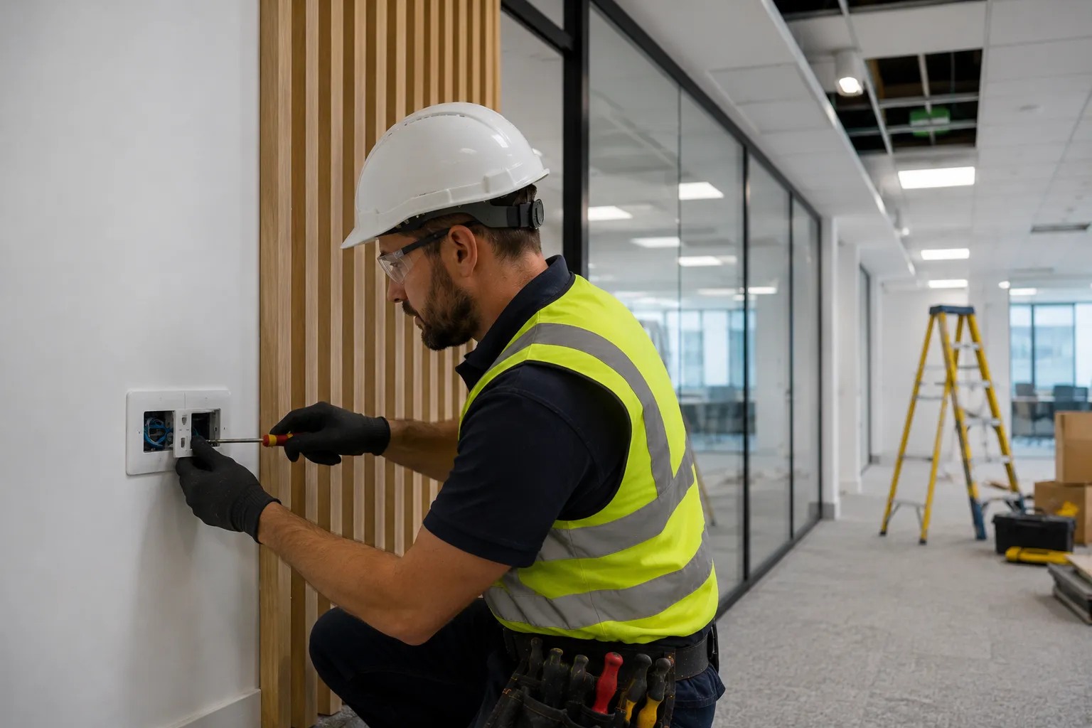 Office fitout electrical Brisbane — licensed commercial electrician installing power and data outlets in a wall plate during an active office fit-out with glass-partitioned offices, ceiling grid and ladder visible
