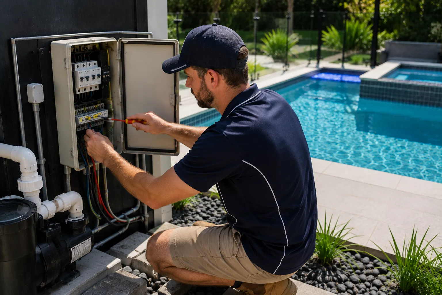 Pool and spa electrical Brisbane — licensed electrician working on a pool equipment electrical enclosure with pump and breakers visible, modern Brisbane backyard pool and glass fence in the background