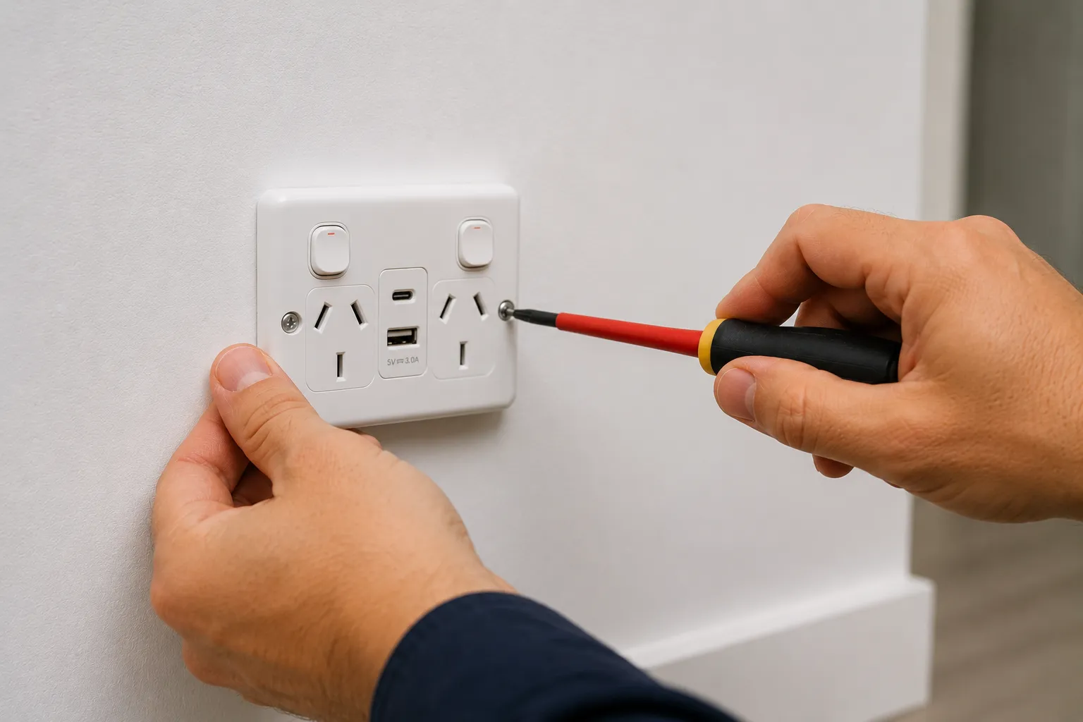Power point installation Brisbane — licensed electrician installing a modern double GPO with integrated USB-A and USB-C charging on a residential wall