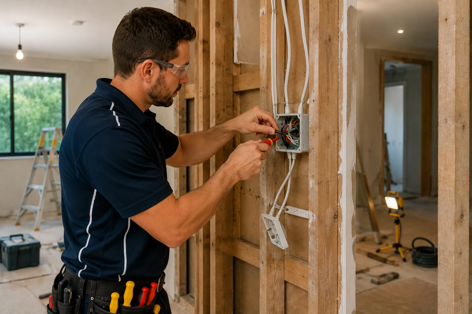 Renovation electrical Brisbane — licensed electrician working on a junction box mounted to exposed timber wall framing during rough-in phase of a residential renovation