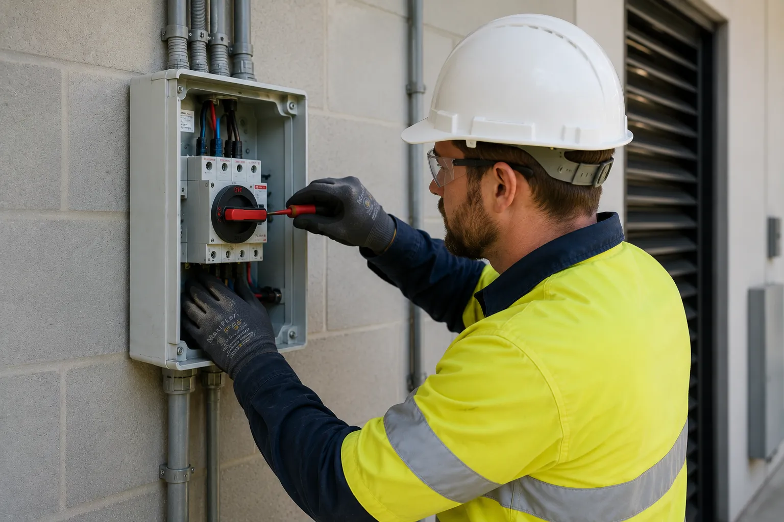 Safety switch installation Brisbane — licensed electrician installing a modern RCD safety switch and main switch in a residential switchboard