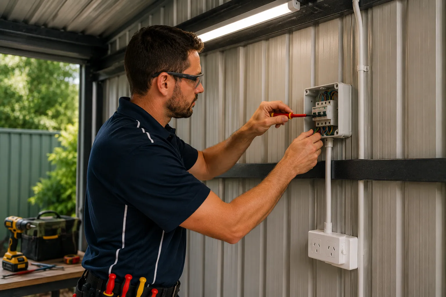 Shed electrical Brisbane — licensed electrician installing a sub-board with surface-mounted conduit and double GPO inside a residential steel-clad shed