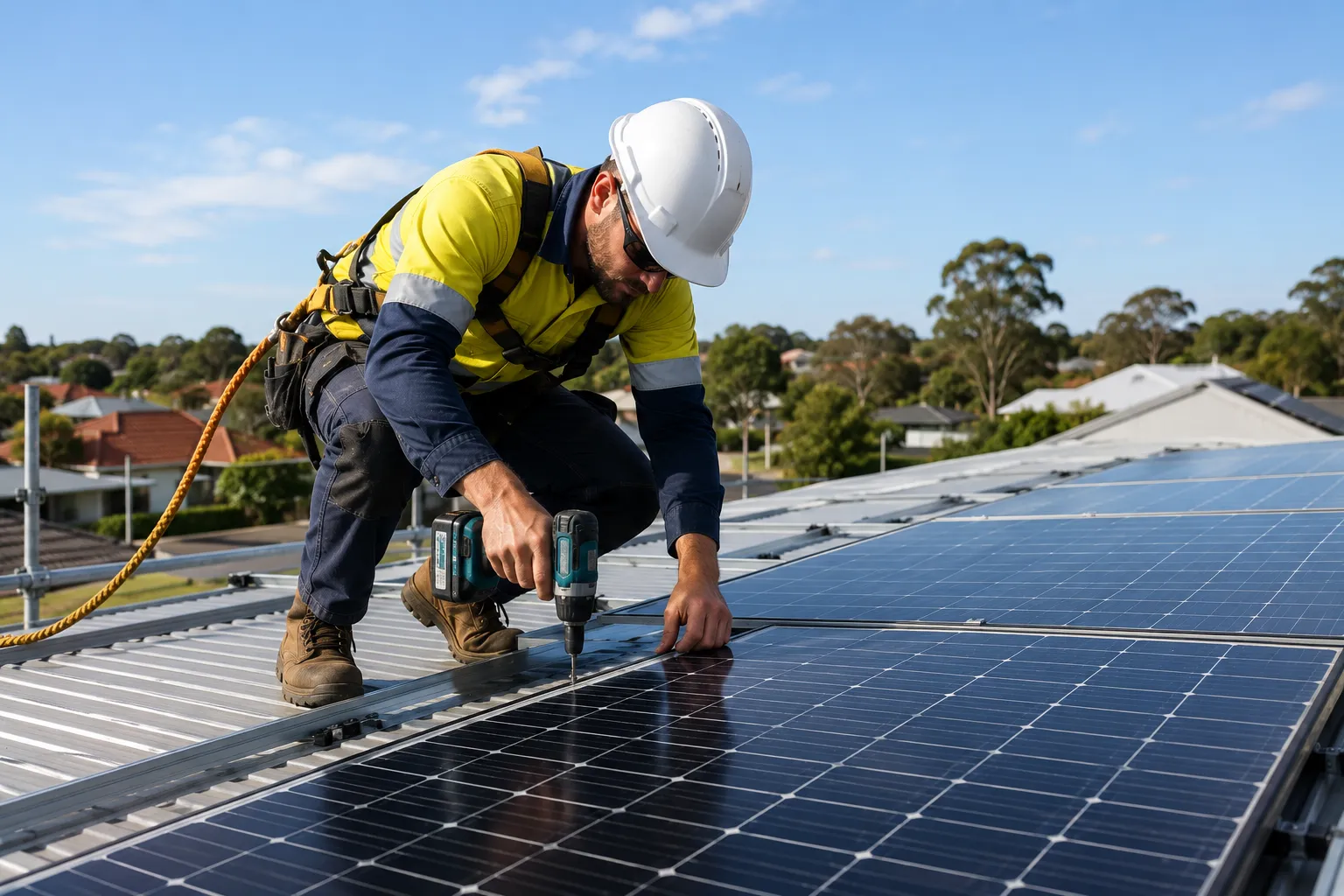 Solar panel installation Brisbane — CEC-accredited solar installer in full safety harness fitting solar panels to a residential roof in a Brisbane suburb