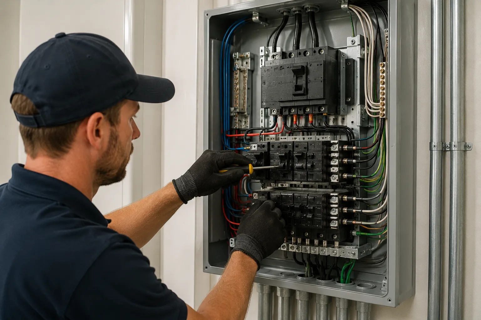Switchboard upgrade Brisbane — licensed electrician installing a modern compliant switchboard with circuit breakers and RCD safety switches