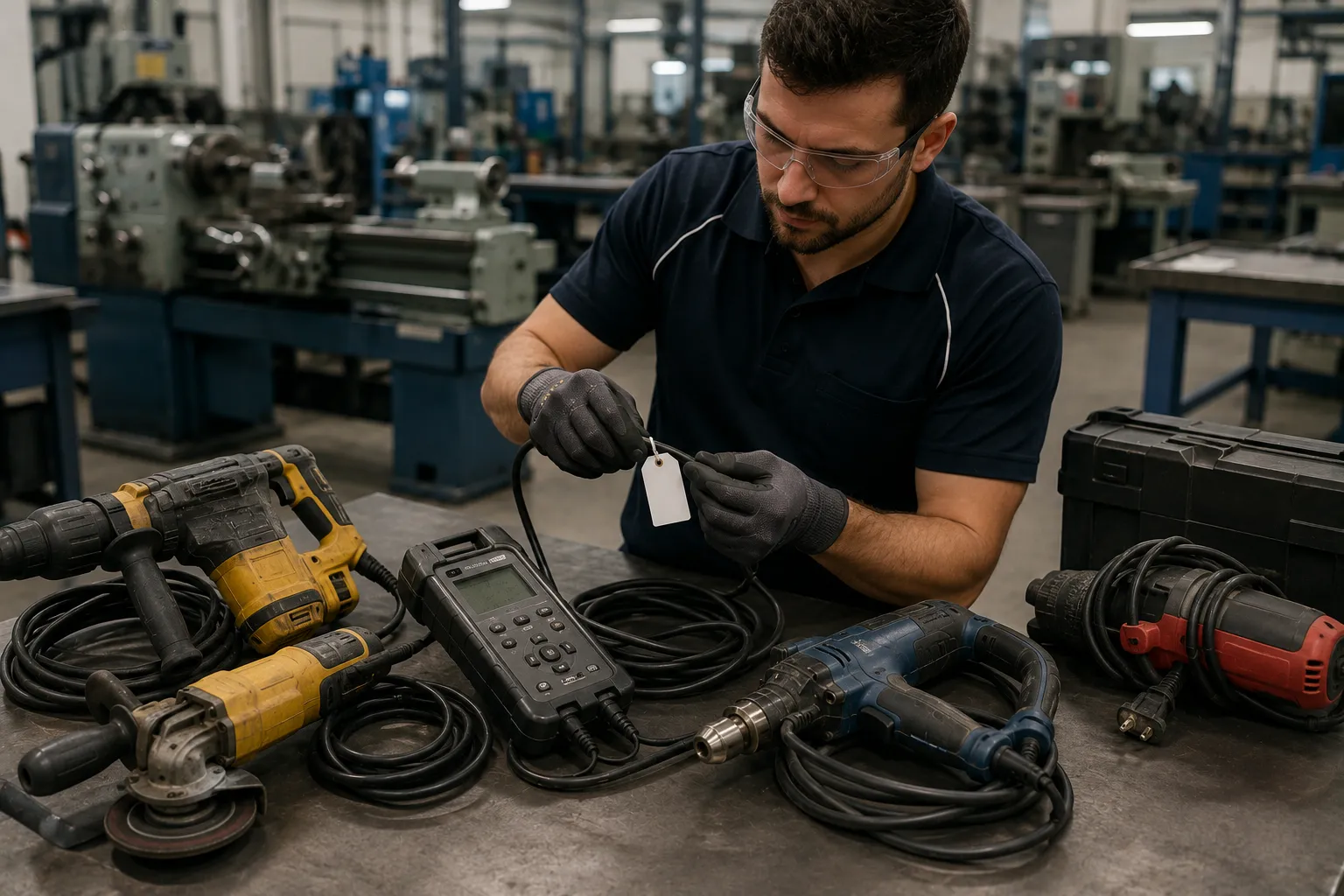 Test and tag Brisbane — qualified technician using a PAT tester to inspect and tag power tools and equipment in a workshop environment