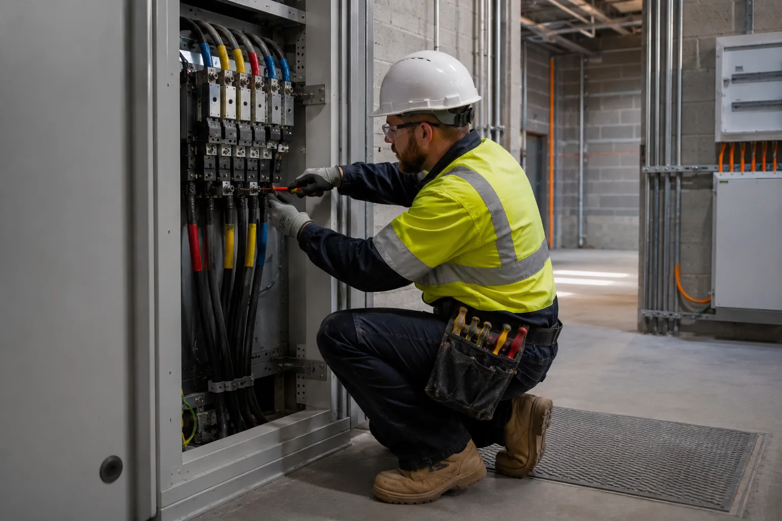 Three phase power Brisbane — licensed electrician working on a three-phase main switchboard with red, white and blue phase terminations to Australian standards