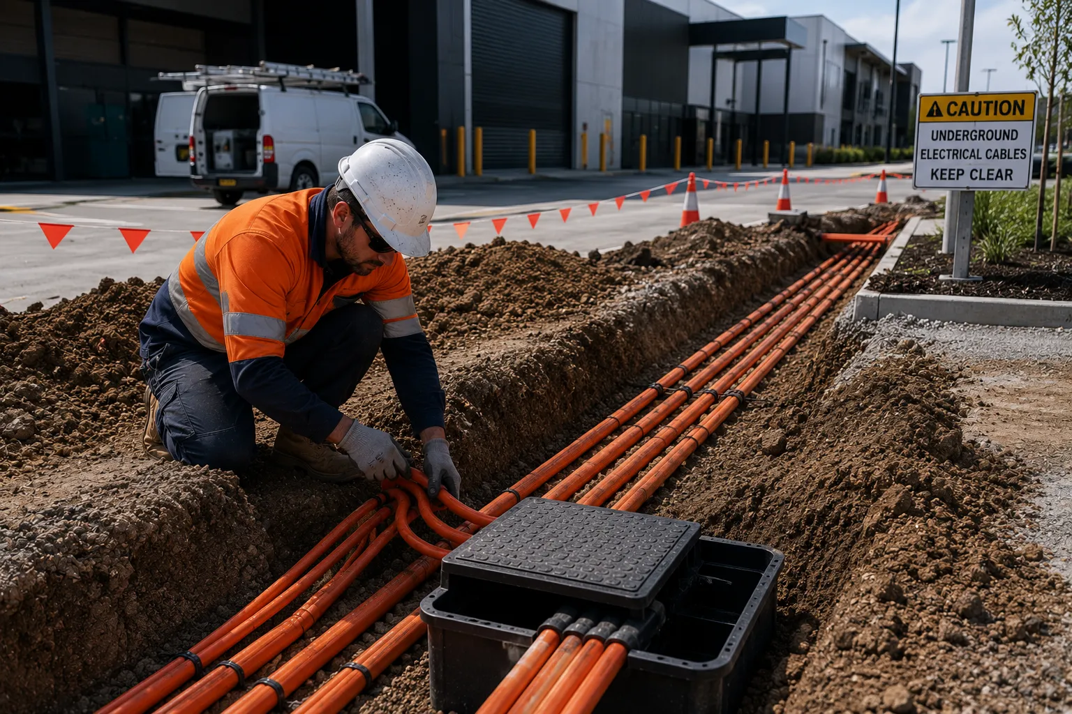 Underground electrical Brisbane — licensed electrician in full PPE installing multiple orange conduits in a trench terminating at a concrete pit on a commercial site, with traffic management and safety signage in place