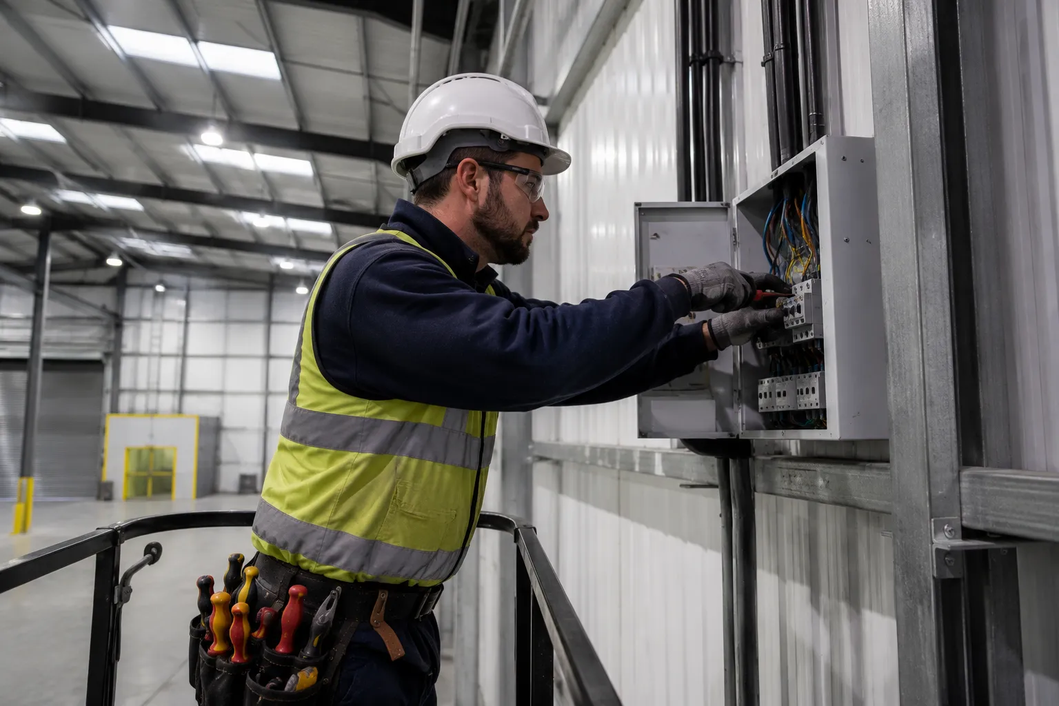 Warehouse electrician Brisbane — licensed commercial electrician working on a sub-board inside an industrial warehouse facility